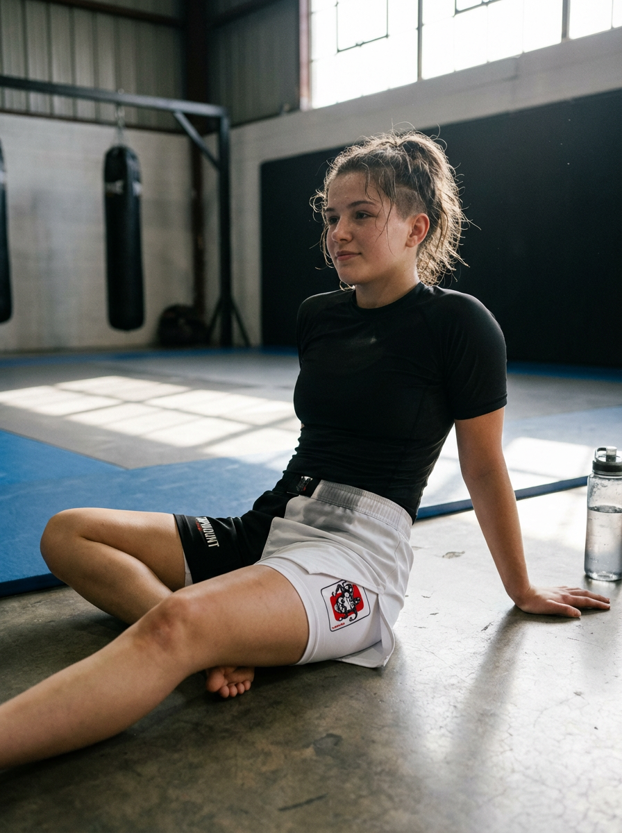 Youth girl on BJJ mats wearing Savage Queen black and white dual-layer grappling shorts with jester skull logo.