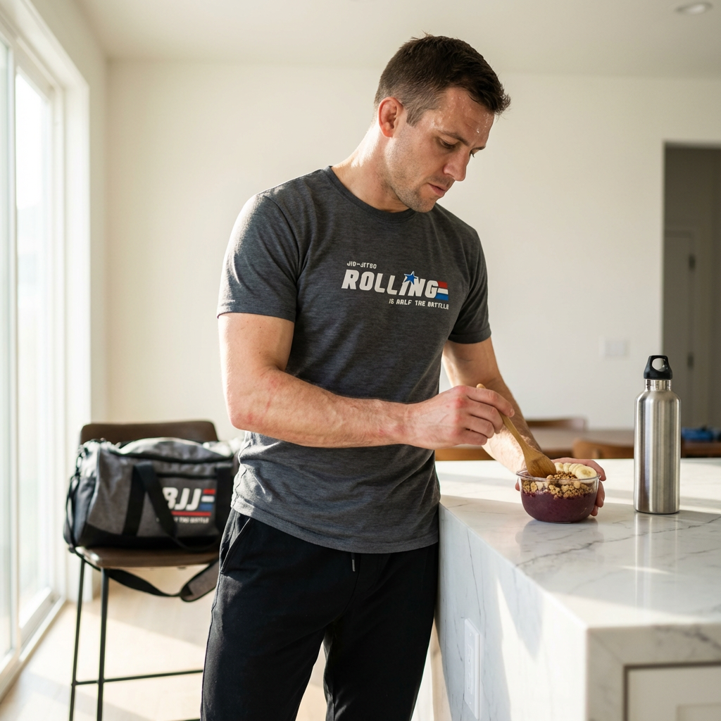Man in a charcoal BJJ Lifestyle T-Shirt eating an acai bowl in a kitchen after jiu-jitsu training.