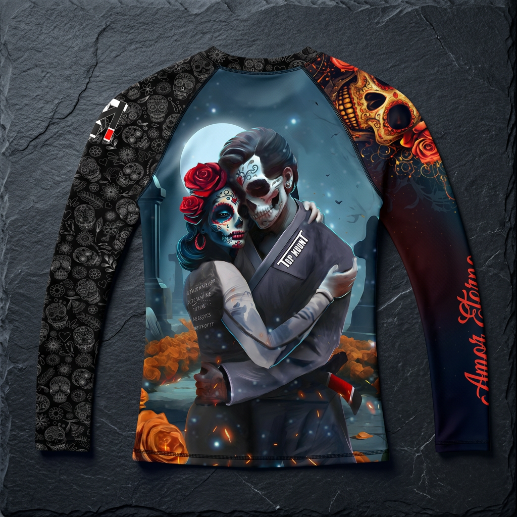 Dia De Los Muertos BJJ Rashguard, featuring skeleton couple embracing under moonlit sky with flowers and sugar skulls.