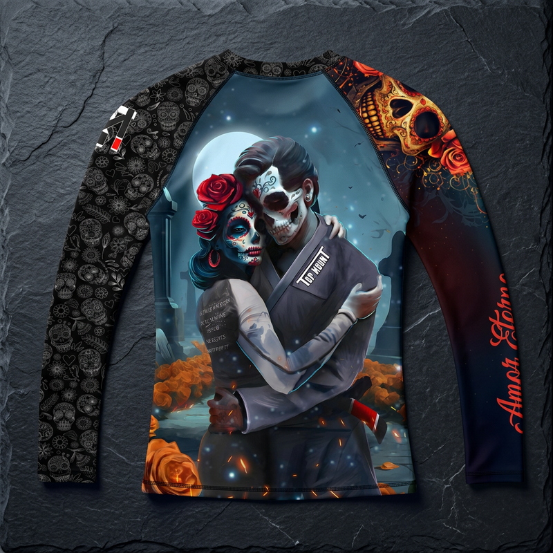 Dia De Los Muertos BJJ Rashguard, featuring skeleton couple embracing under moonlit sky with flowers and sugar skulls.