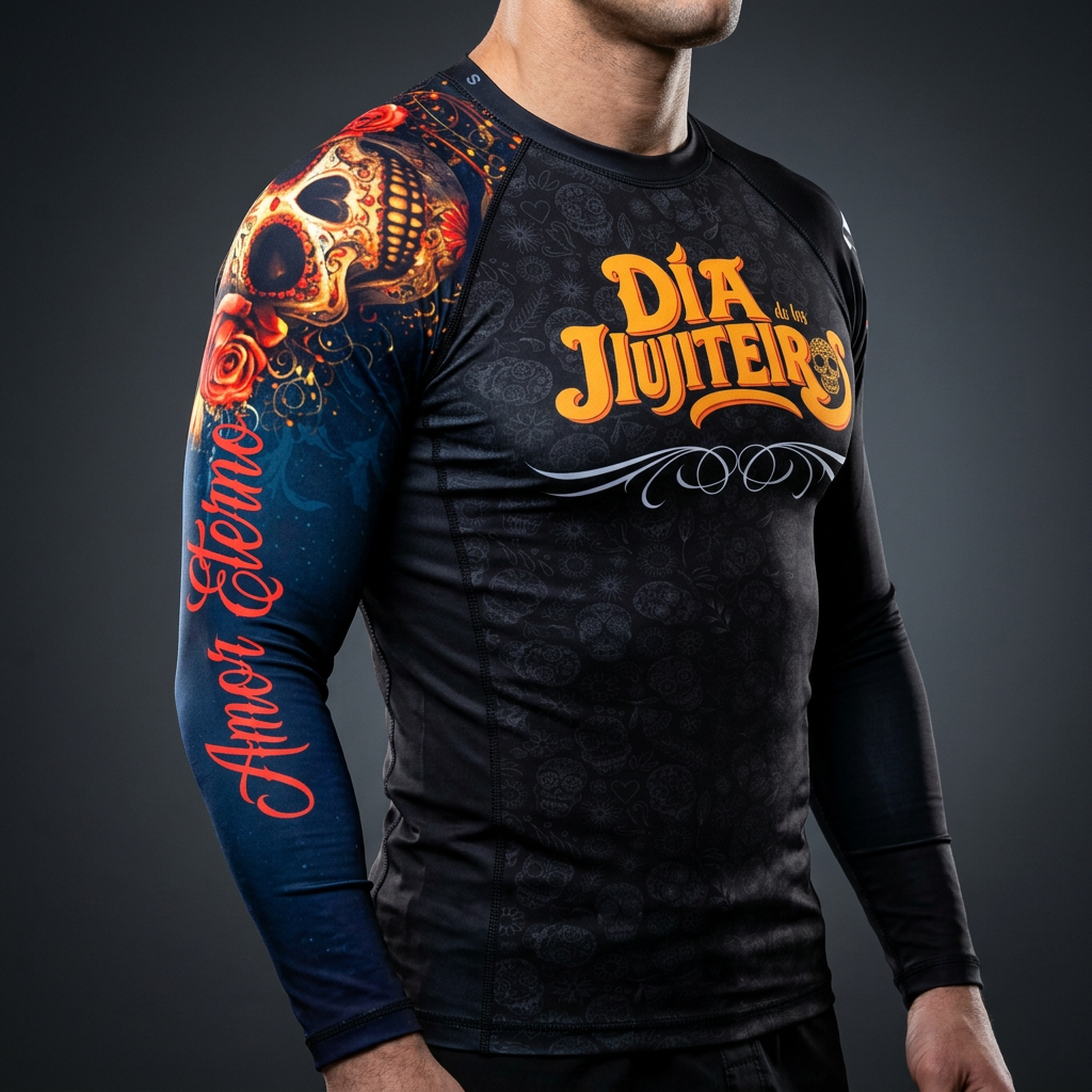 Man wearing Dia De Los Muertos BJJ rashguard with colorful skull and roses on sleeve, black patterned torso.