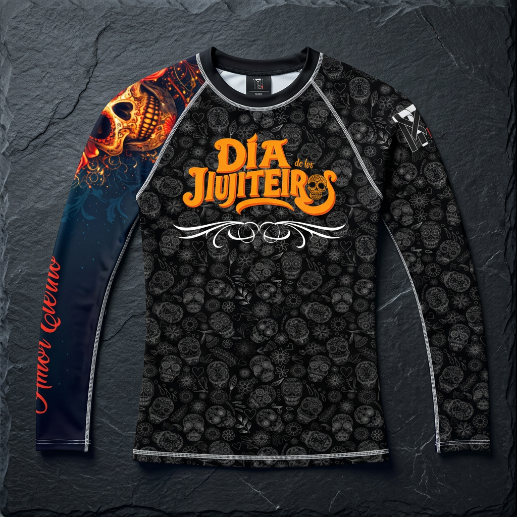 Dia De Los Muertos BJJ Rashguard, black with colorful sugar skulls, on a dark textured background.