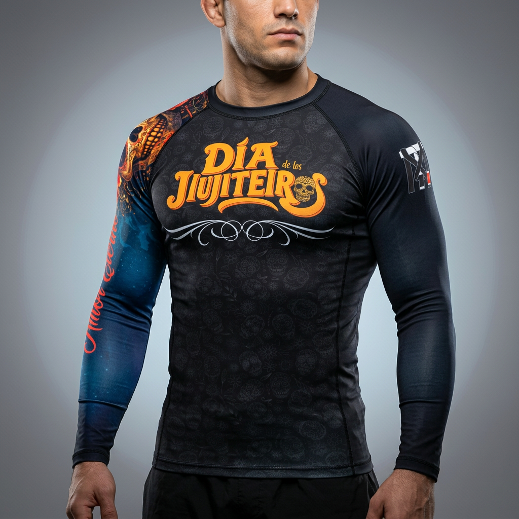 Man wearing Dia De Los Muertos BJJ Rashguard with sugar skull patterns, orange graphics, and a blue celestial sleeve.