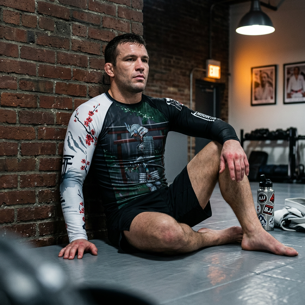 Man in Torii Samurai BJJ Rashguard sitting on gym mat, leaning against a brick wall, looking thoughtful.