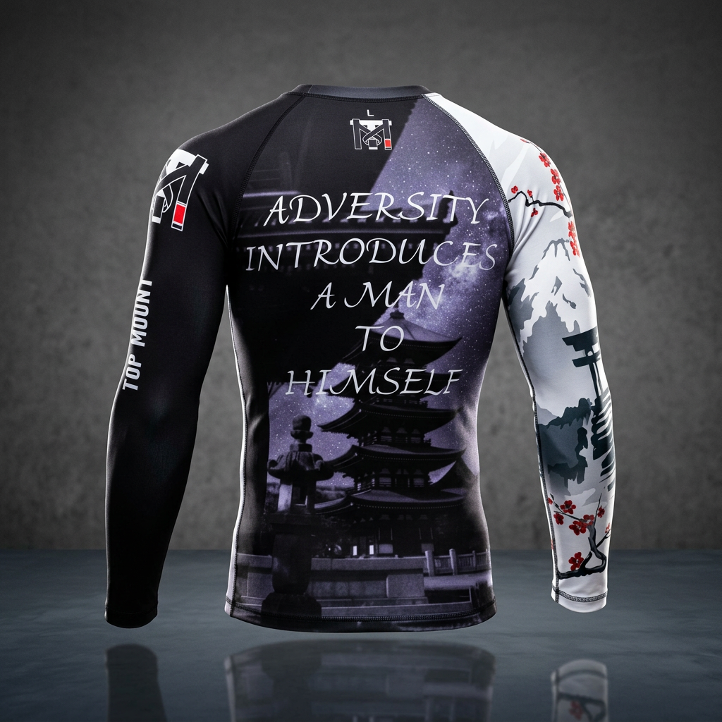 Torii Samurai BJJ Rashguard, back view. Black, white, purple. Quote: "Adversity Introduces A Man To Himself."