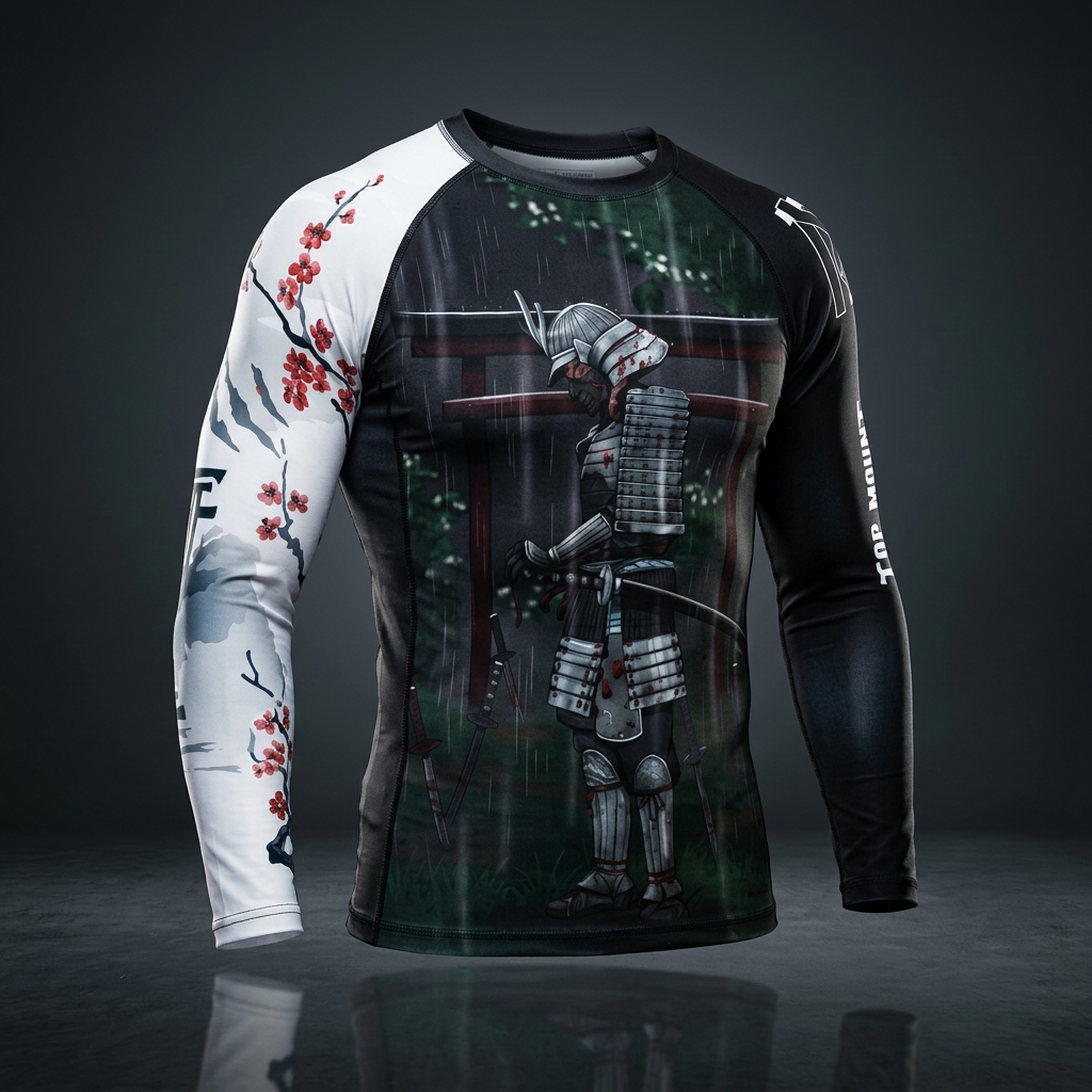 Torii Samurai BJJ Rashguard, featuring a samurai warrior in the rain before a torii gate on the torso, with cherry blossoms on the sleeve.