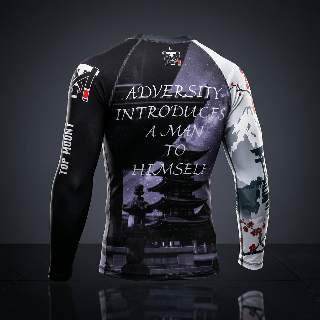 Torii Samurai BJJ Rashguard, warrior spirit compression, black and white with Japanese temple and mountain design.