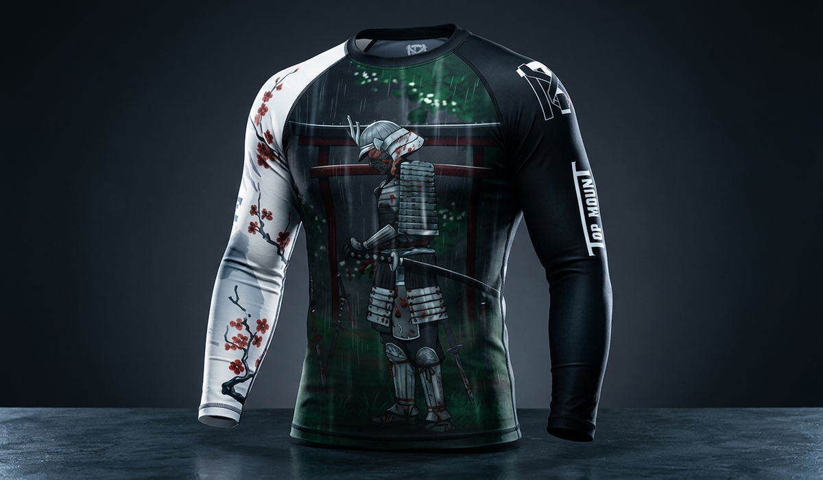 Torii Samurai BJJ Rashguard, featuring a samurai with a torii gate on the chest, and cherry blossoms on the left sleeve.