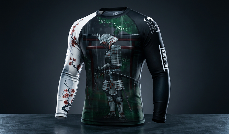Torii Samurai BJJ Rashguard, featuring a samurai with a torii gate on the chest, and cherry blossoms on the left sleeve.