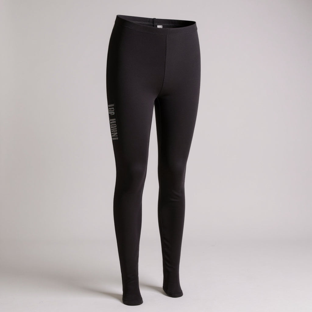 Black Top Mount Apparel women's BJJ training leggings with vertical logo on right leg, displayed on a ghost mannequin.
