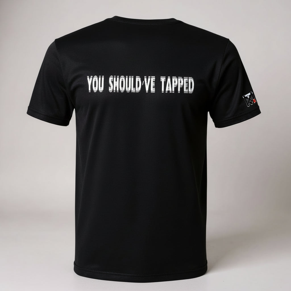 Back of black Jiu Jitsu shirt with 'YOU SHOULD'VE TAPPED' humor graphic and Top Mount logo on the sleeve.