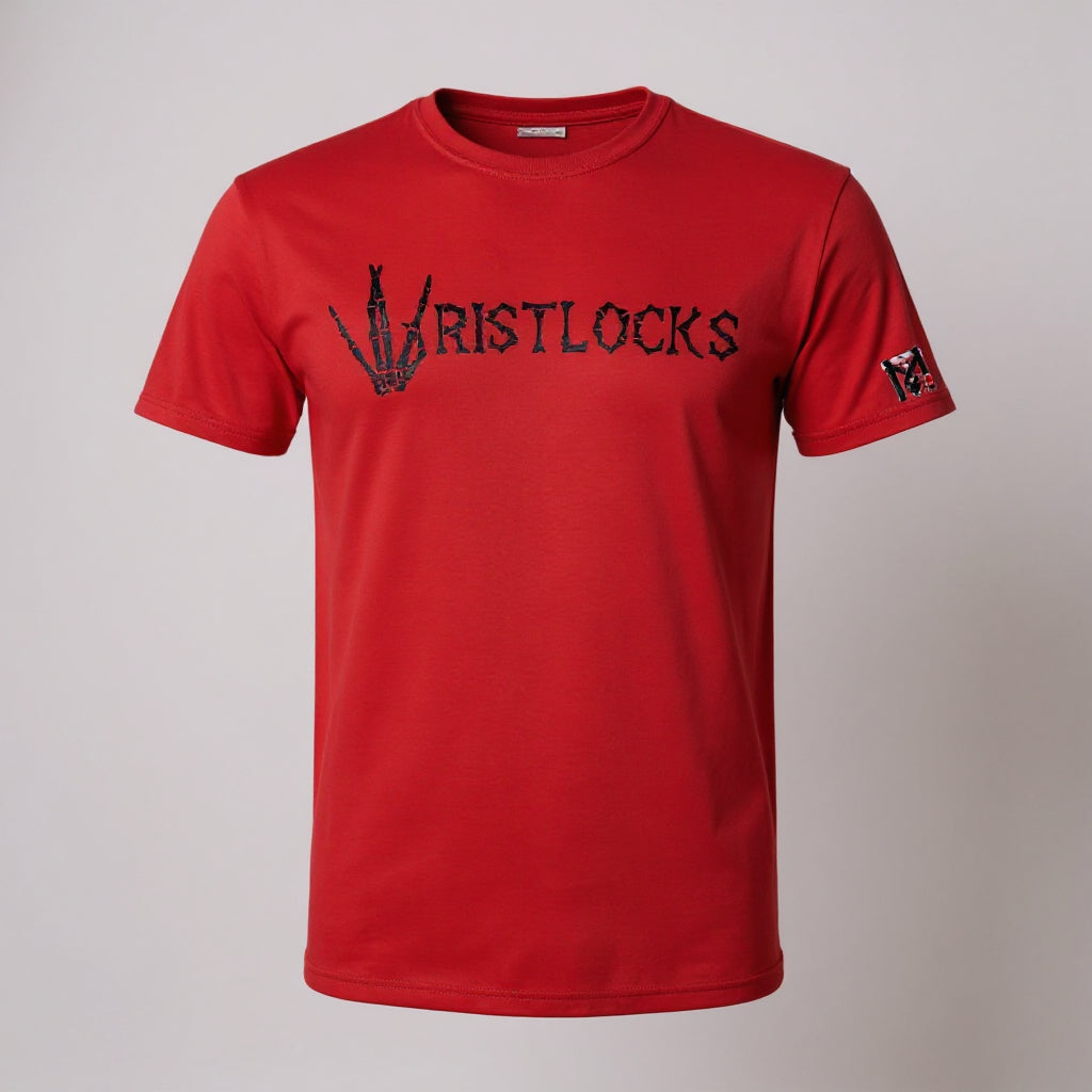 Red Wristlocks BJJ Graphic Tee with skeleton hand West Side sign chest graphic and Top Mount logo on the sleeve.
