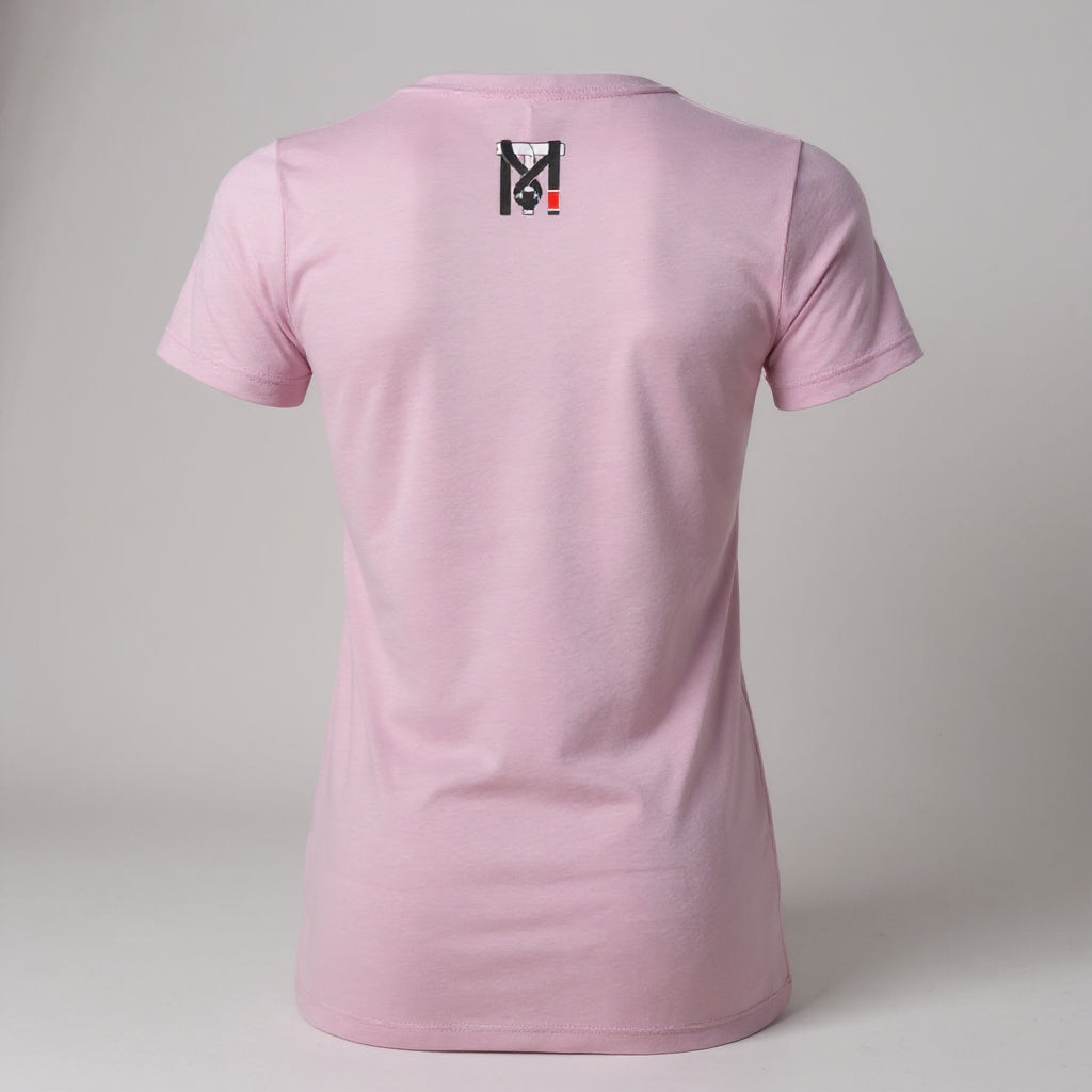 Back view of the light pink Lady Grappler Women's BJJ Graphic Tee showing the Top Mount logo on the upper back.