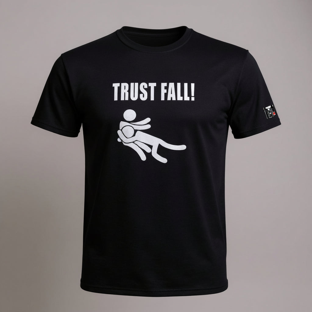 Black Jiu Jitsu Breakfall Graphic Tee featuring white Trust Fall text and a grappling throw illustration.