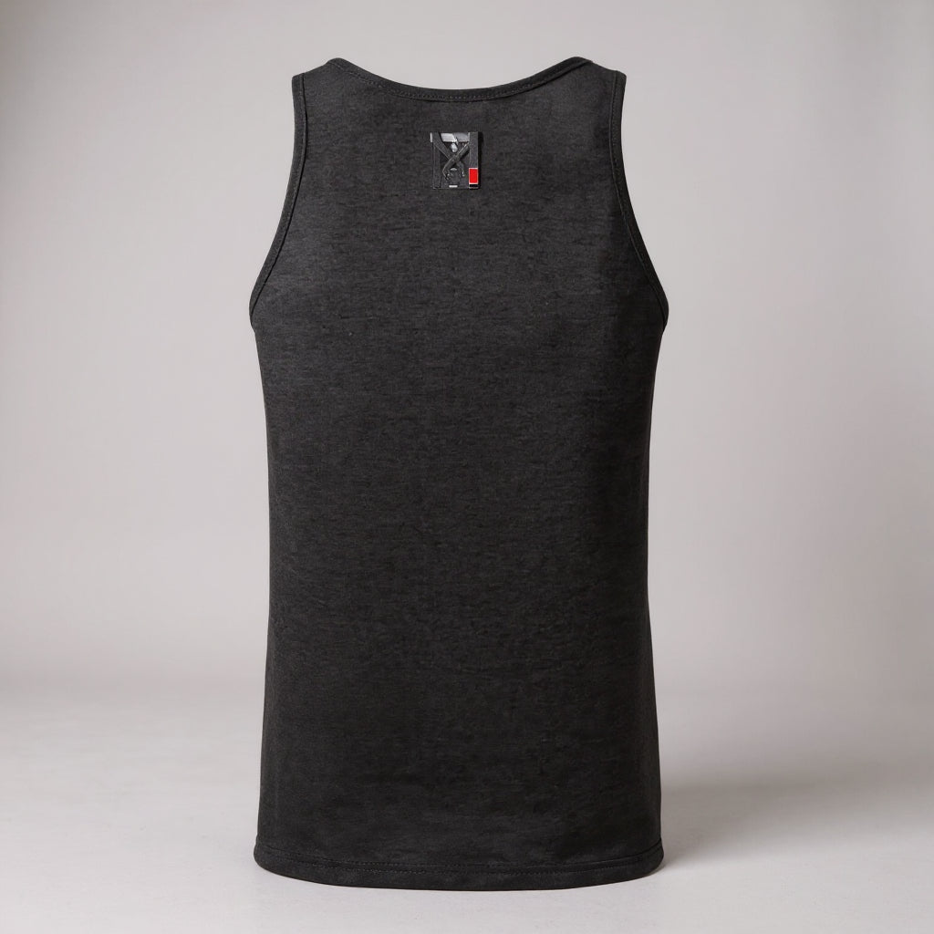 Back view of black Jiu Jitsu slim fit unisex tank top featuring a small Top Mount Apparel logo on the upper back.