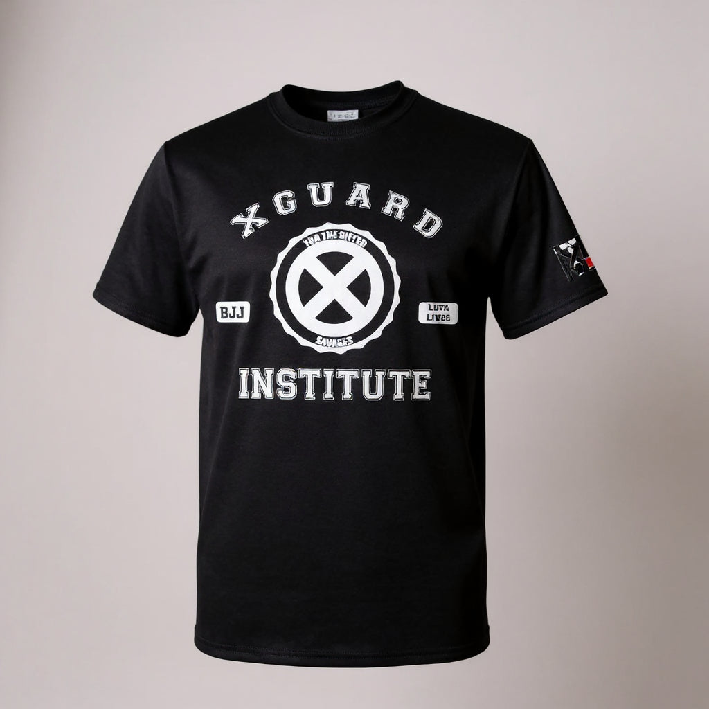 Black X Guard Institute BJJ T-Shirt with white varsity graphics, Gifted Savages logo, and technical sleeve patch detail.