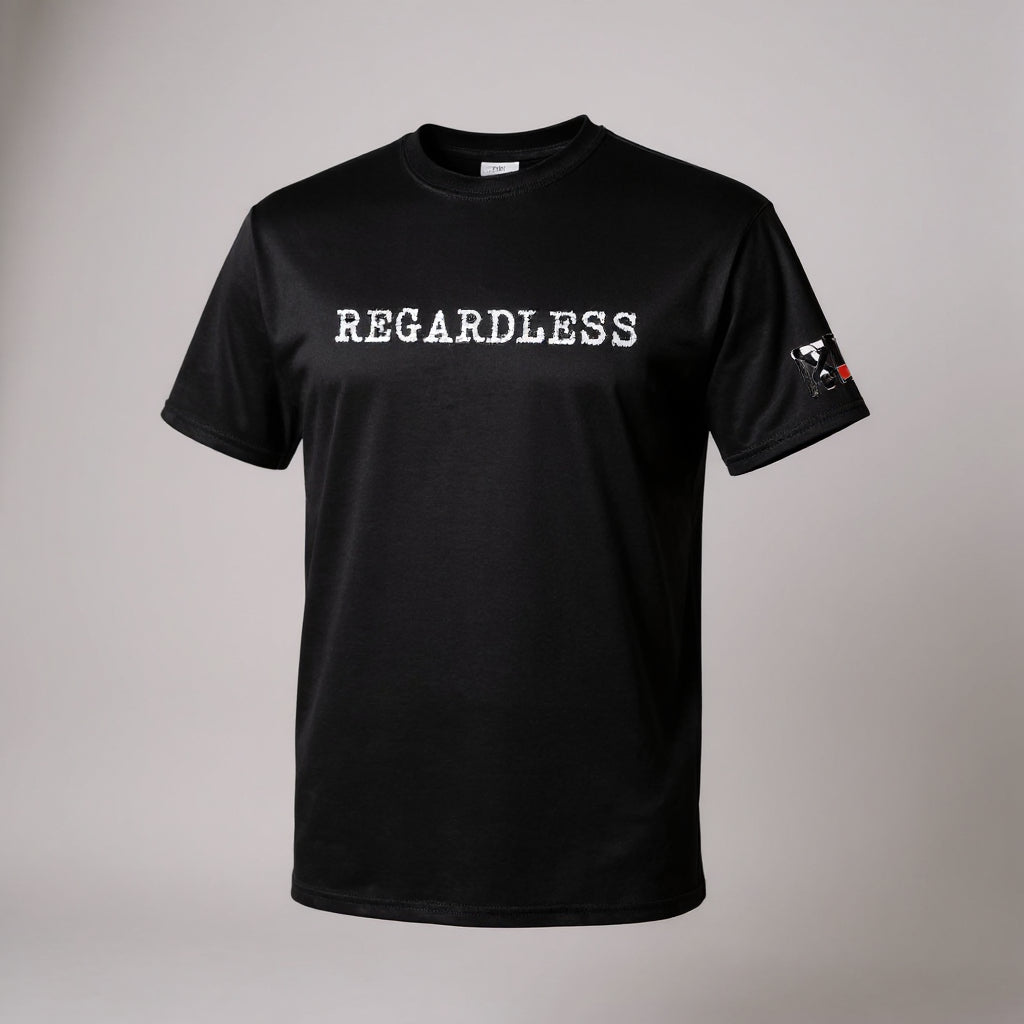 Black Jiu Jitsu Graphic Tee featuring white distressed REGARDLESS chest print and Top Mount sleeve logo.