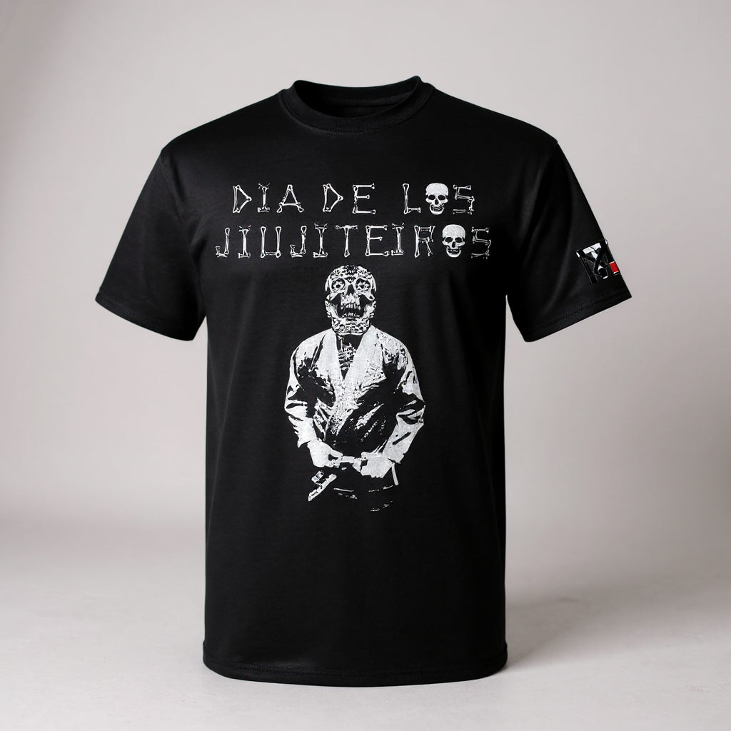 Kids black BJJ tee with skeleton in a gi and Dia De Los Jiujiteiros bone text. Youth Jiu Jitsu shirt by Top Mount.