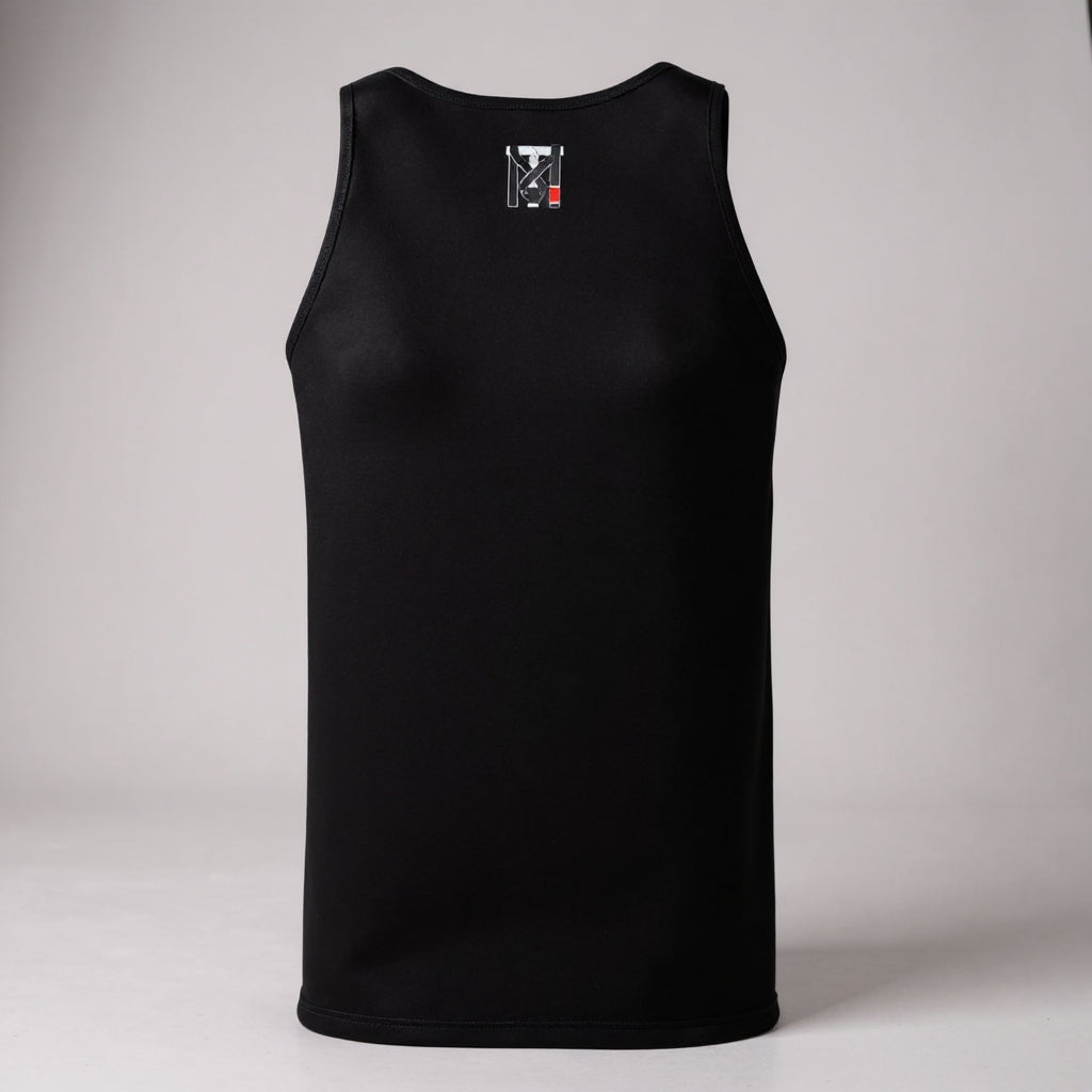 Back view of the black Top Mount Est. slim fit Jiu Jitsu tank top with a small TM logo on the upper back.