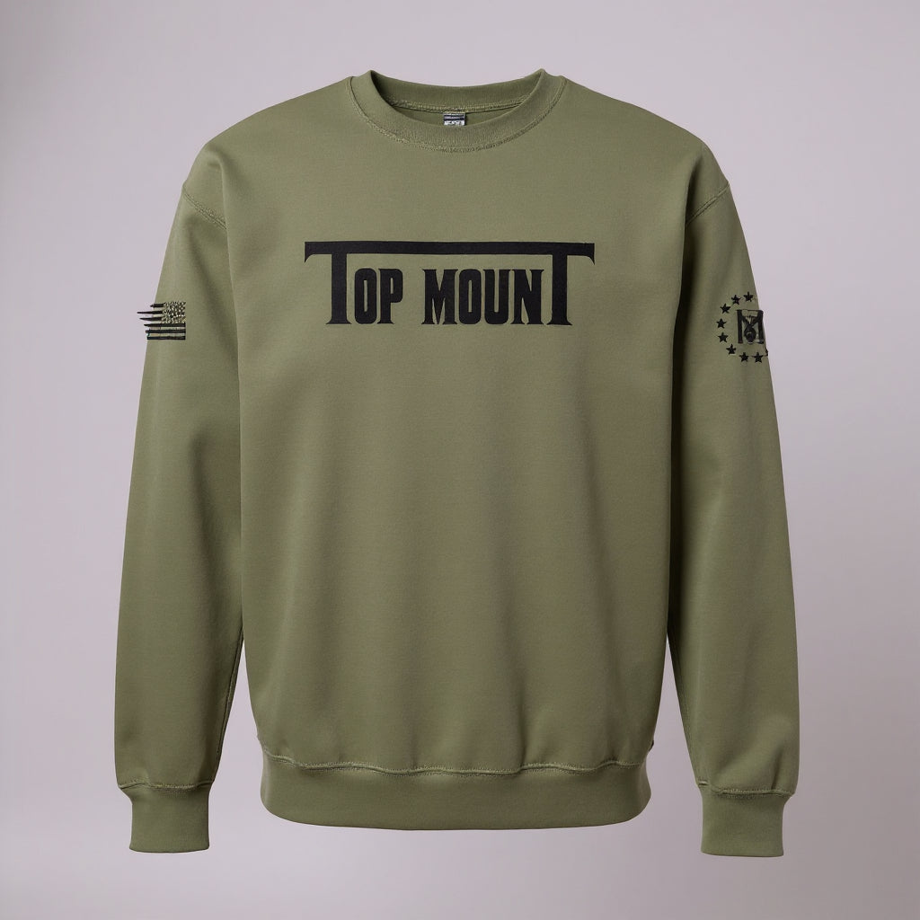 Military Green Jiu Jitsu Crewneck with black TopmounT chest logo, US flag sleeve patch, and patriotic BJJ sleeve graphic.