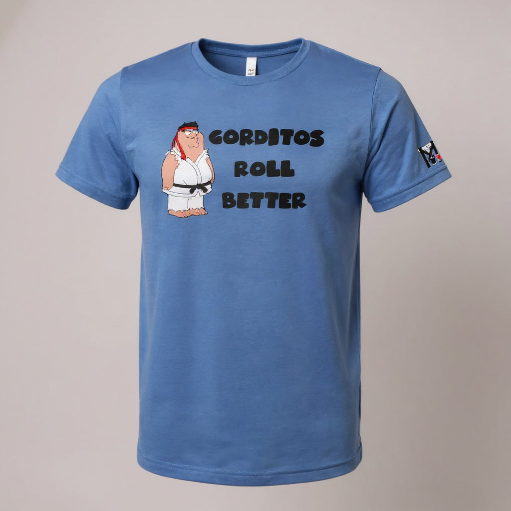 Blue Gorditos Roll Better Jiu Jitsu shirt featuring a heavyweight grappler graphic and Top Mount logo on the sleeve.