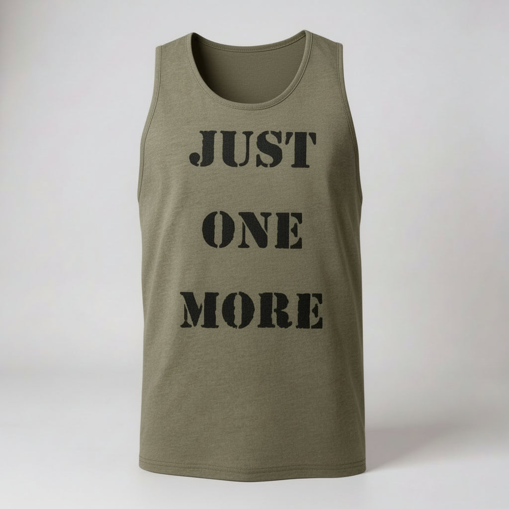 Olive green Jiu Jitsu training tank top with black stencil text reading JUST ONE MORE for BJJ activewear.