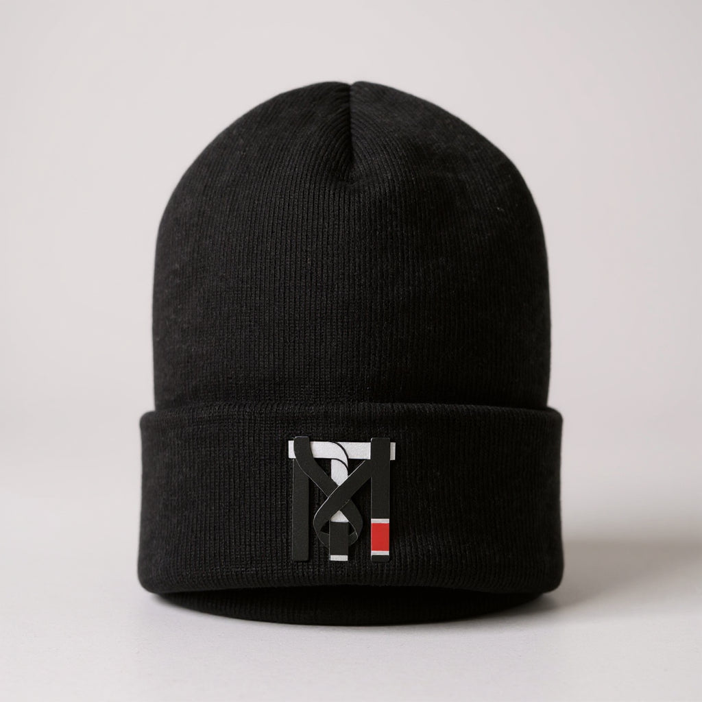 Top Mount Apparel Classic TM Logo Jiu Jitsu Beanie in black with fold-over cuff and embroidered BJJ belt-style stitching.