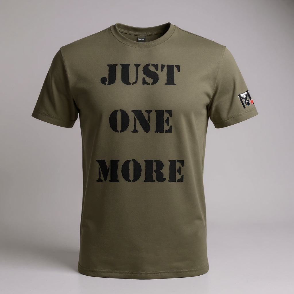 Military green Jiu Jitsu graphic tee featuring 'Just One More' stencil text in black on the chest and a TM sleeve logo.