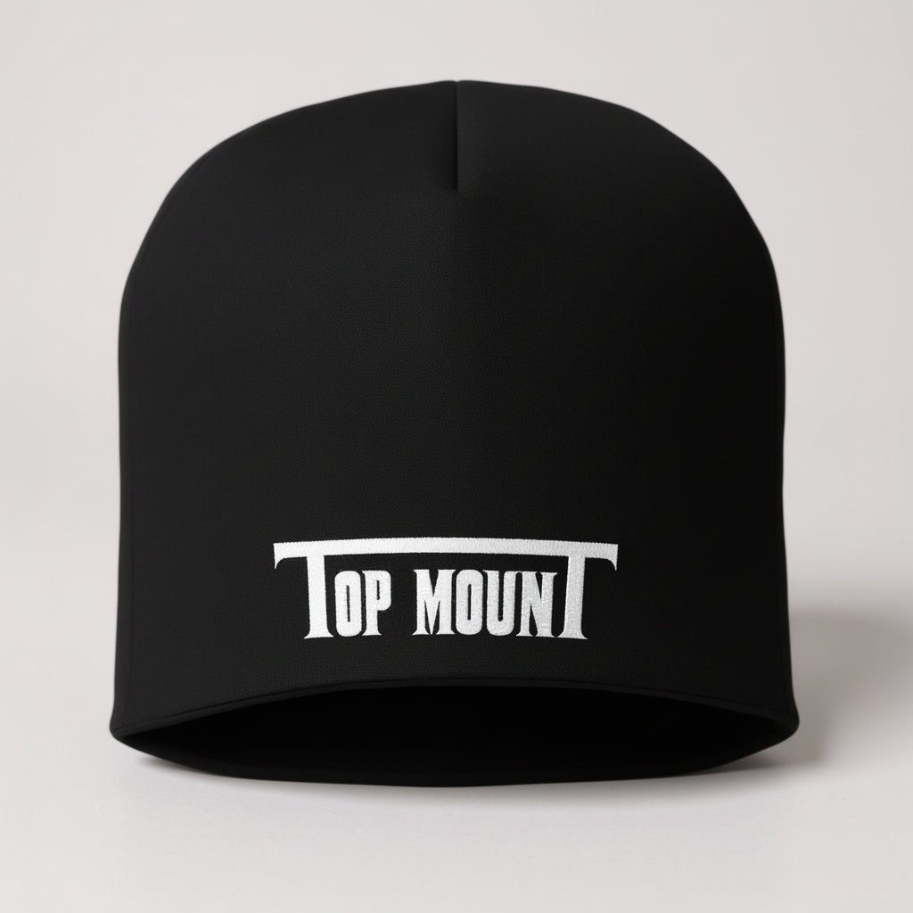 Black Top Mount Apparel Jiu Jitsu knit beanie with a white embroidered logo for post-training warmth.