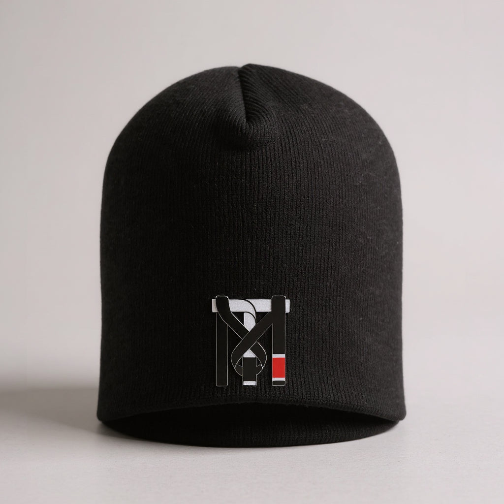 Top Mount Apparel black slip-on Jiu Jitsu beanie featuring embroidered white and red TM belt logo on a knit winter hat.