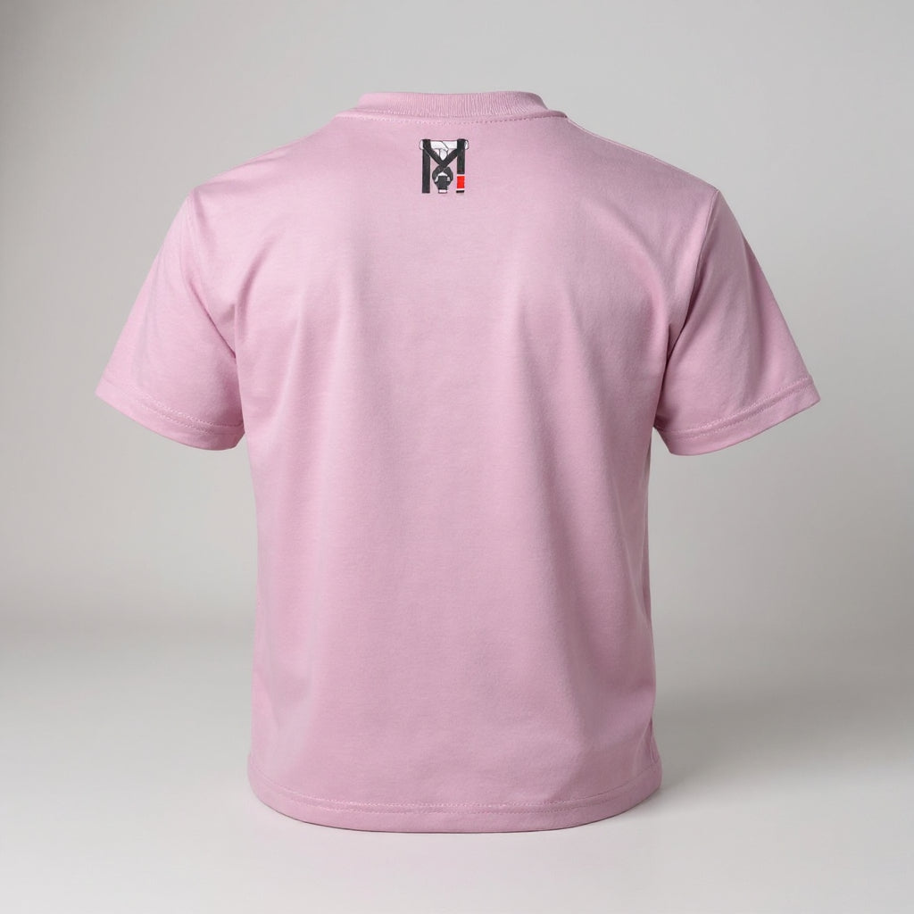 Back view of pink Lil Lady Grappler girls jiu jitsu tee with Top Mount logo on the upper neck.