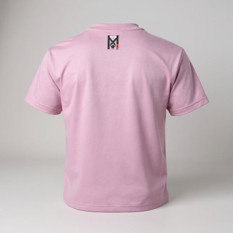 Back view of pink Lil Lady Grappler girls jiu jitsu tee with Top Mount logo on the upper neck.