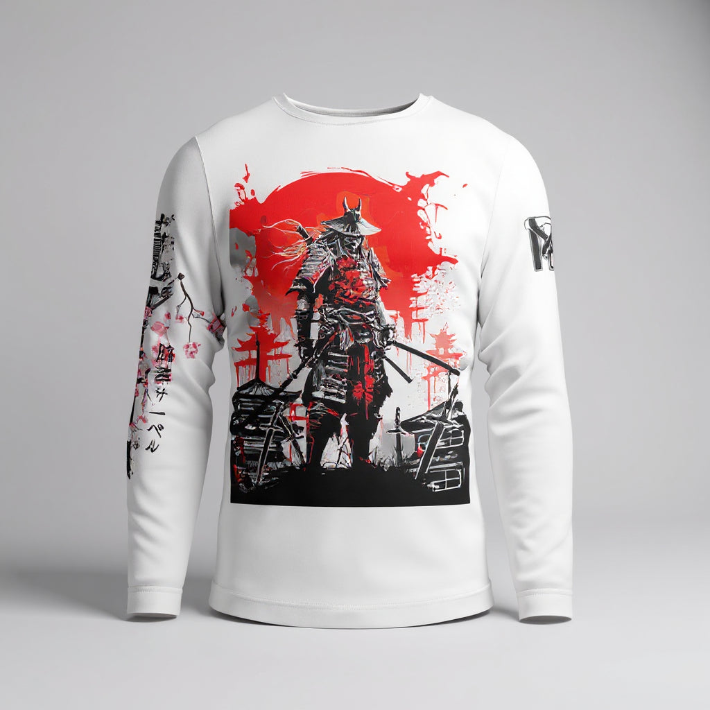 Youth long sleeve white BJJ rashguard featuring a red and black samurai graphic and cherry blossom sleeve design.