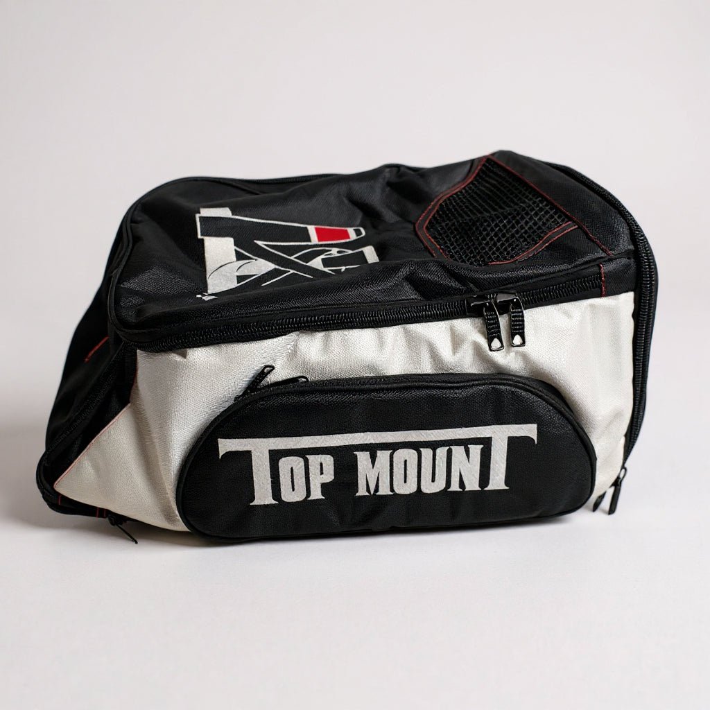 Top Mount BJJ Gym Bag with Jiu Jitsu belt graphics, red stitching, and ventilated mesh pocket for MMA gear.