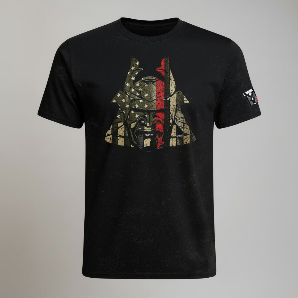 Black Firefighter Samurai T-Shirt with thin red line American flag samurai mask graphic and Top Mount sleeve logo.
