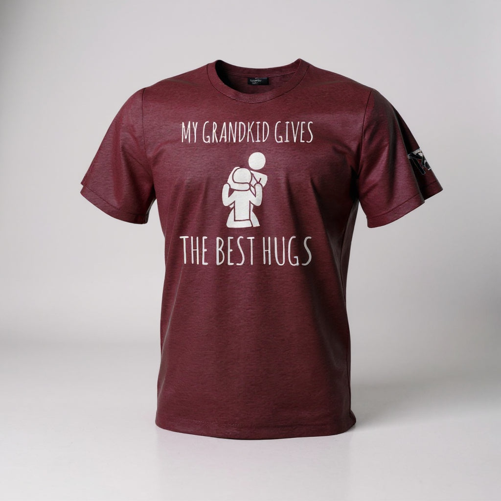 Maroon BJJ Grandkid Hug Tee with rear naked choke submission graphic and sleeve logo on a ghost mannequin.
