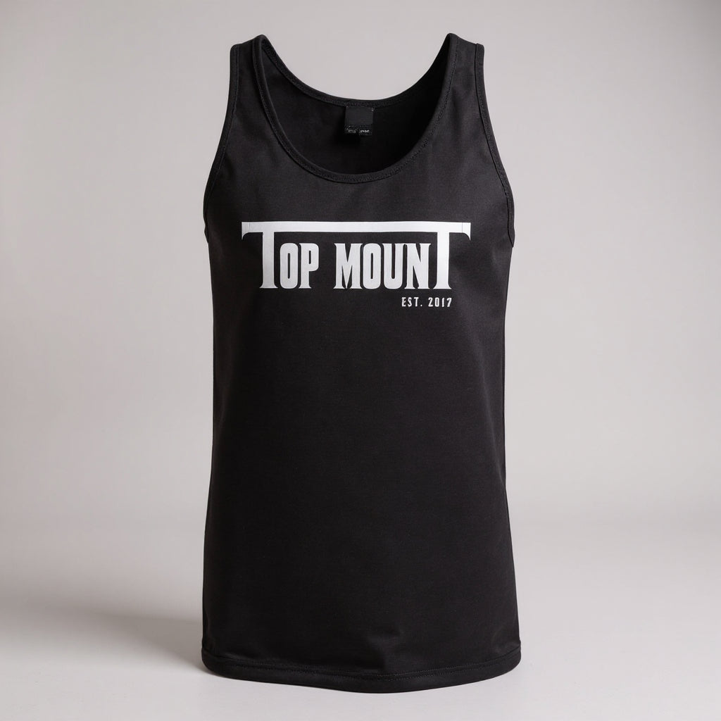Black slim fit Jiu Jitsu tank top with white Top Mount Est. 2017 logo on chest, isolated on gray background.