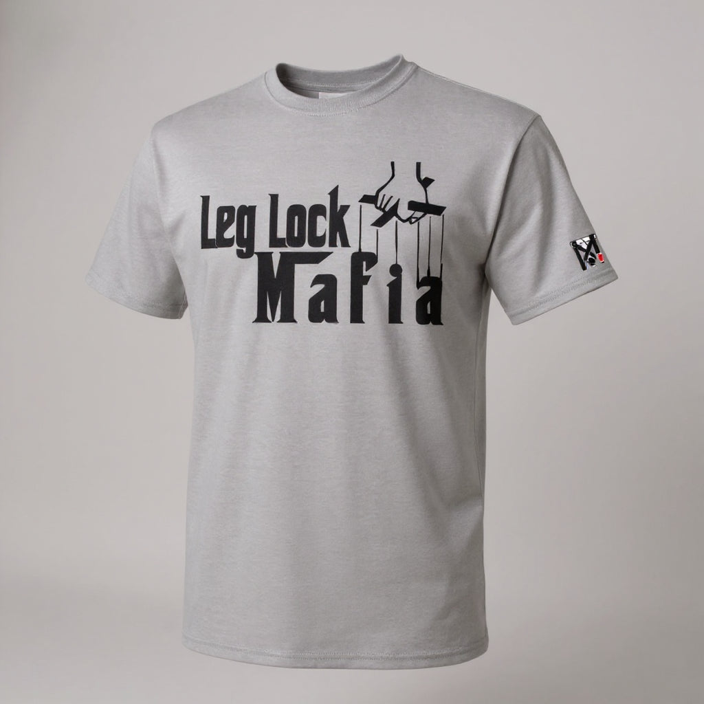 Heather gray Leg Lock Mafia BJJ tee with black puppet master graphic and Top Mount Apparel sleeve logo.