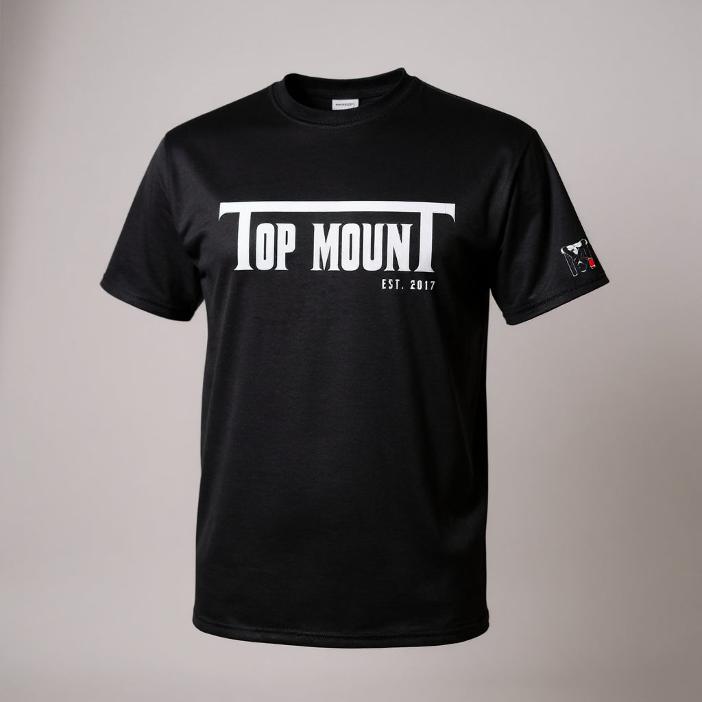 Youth black Jiu-Jitsu graphic tee with white Top Mount Apparel chest logo and sleeve emblem for young BJJ grapplers.