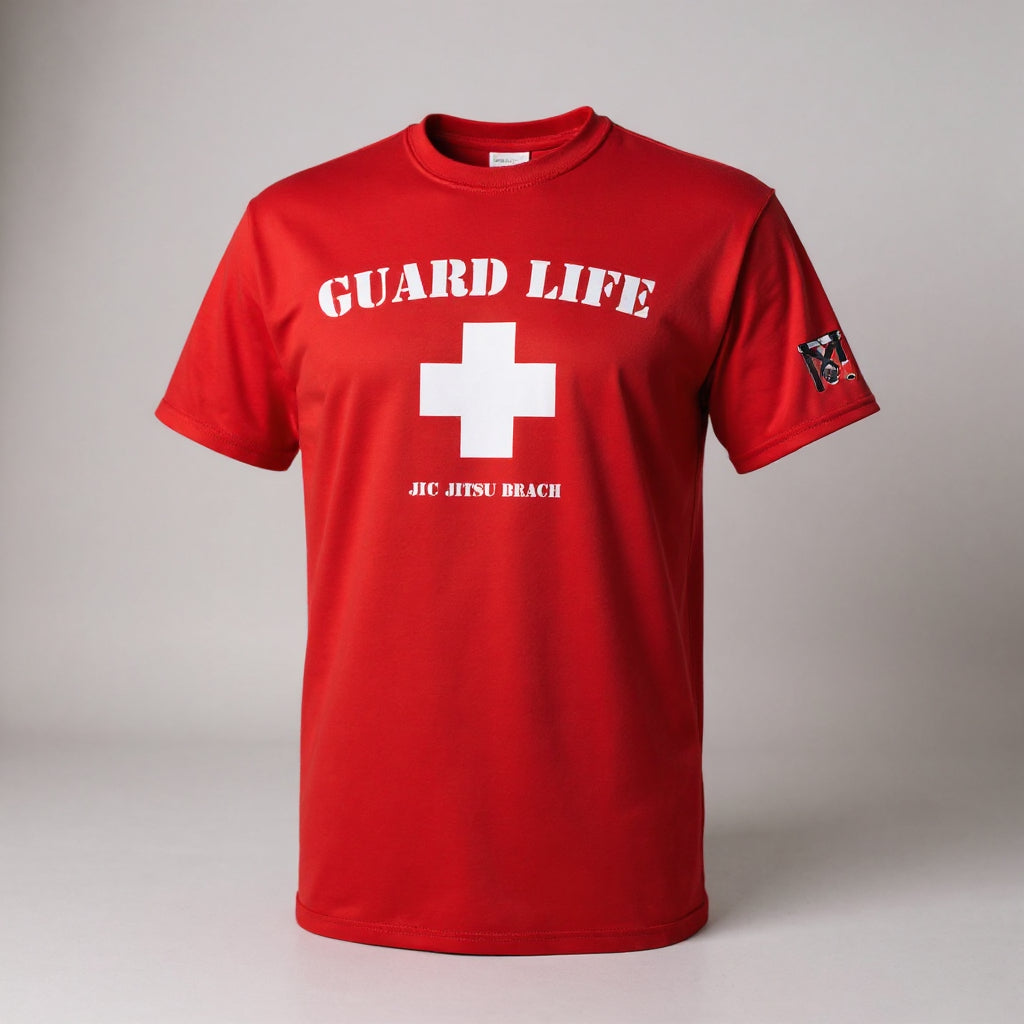 Youth red Jiu Jitsu Guard Life graphic tee with a white lifeguard cross and Top Mount logo on the sleeve.
