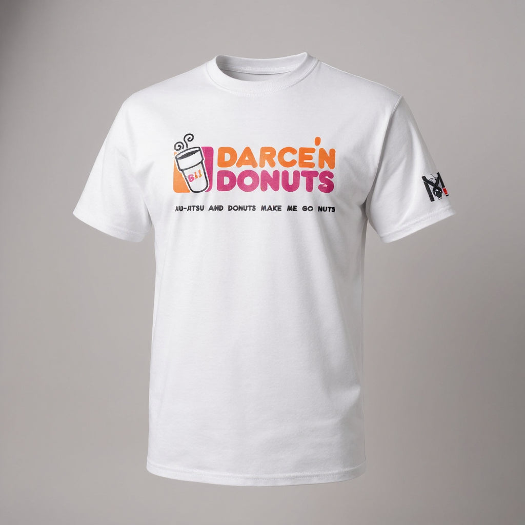 White BJJ Graphic Tee featuring the Darce'N Donuts logo and Jiu-Jitsu slogan on the chest with Top Mount sleeve logo.
