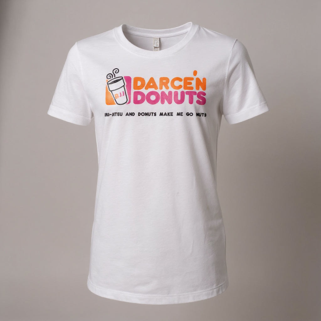 White Women's BJJ Tee with orange and pink Darce'N Donuts coffee graphic and recovery ritual slogan on the front.