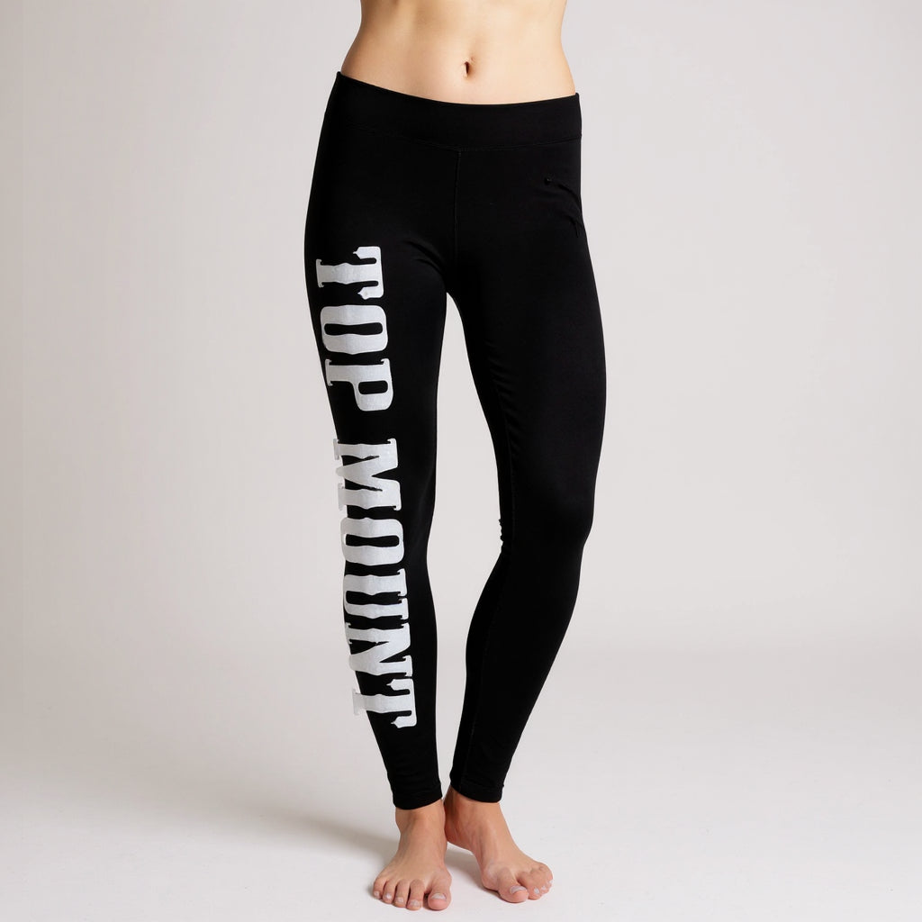 Black BJJ compression spats with white Top Mount Apparel branding on the right leg, designed for no-gi grappling.