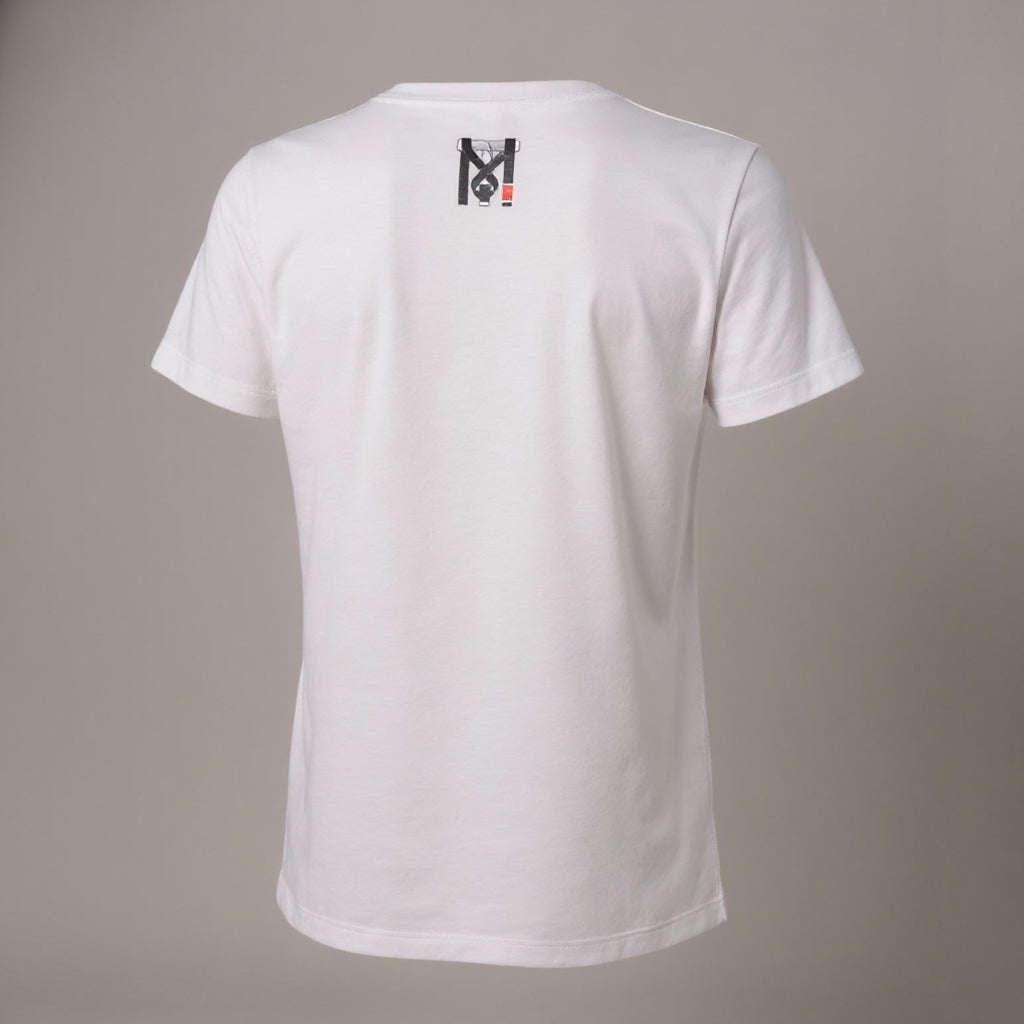 Back view of the white Darce'N Donuts Women's BJJ Tee showing the black and red Top Mount logo on the upper neck.