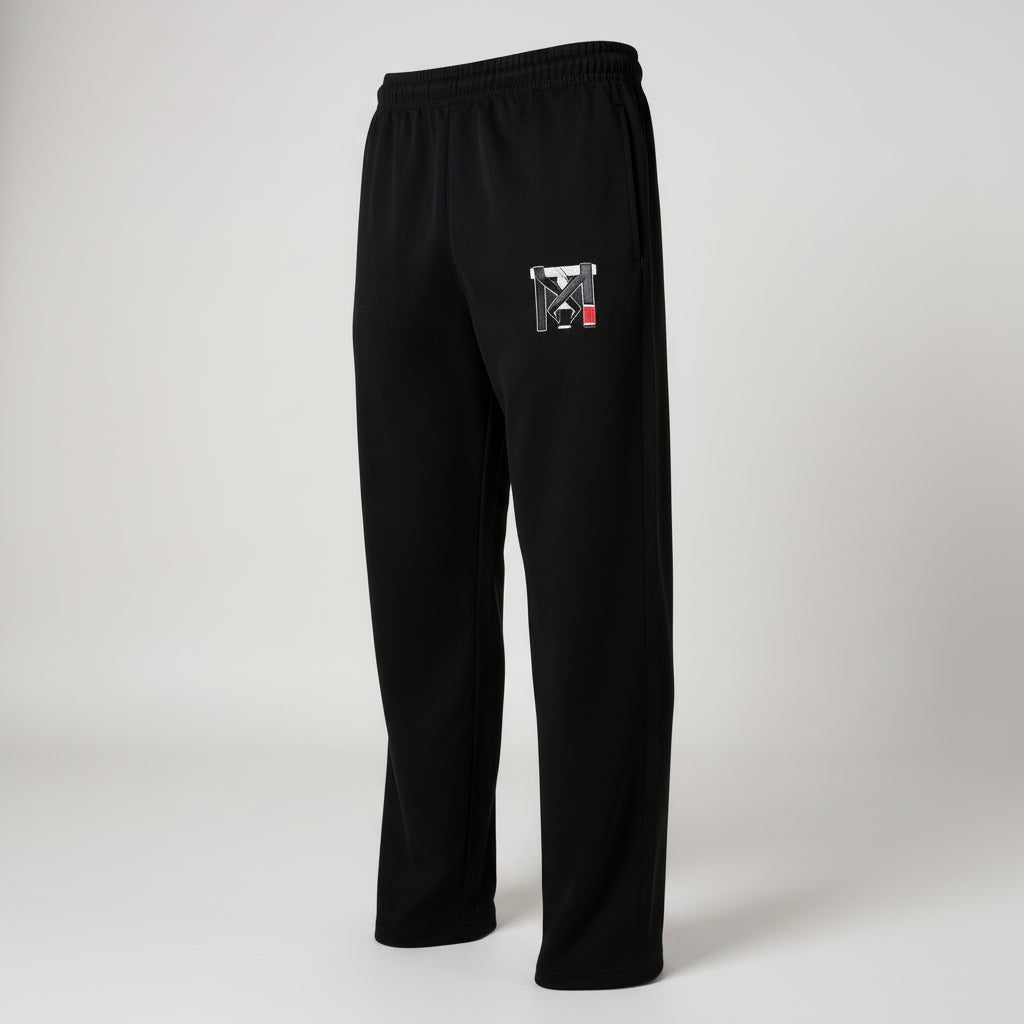 Black Top Mount BJJ fleece warm-up joggers featuring a red and white logo and elastic waistband for post-training recovery.