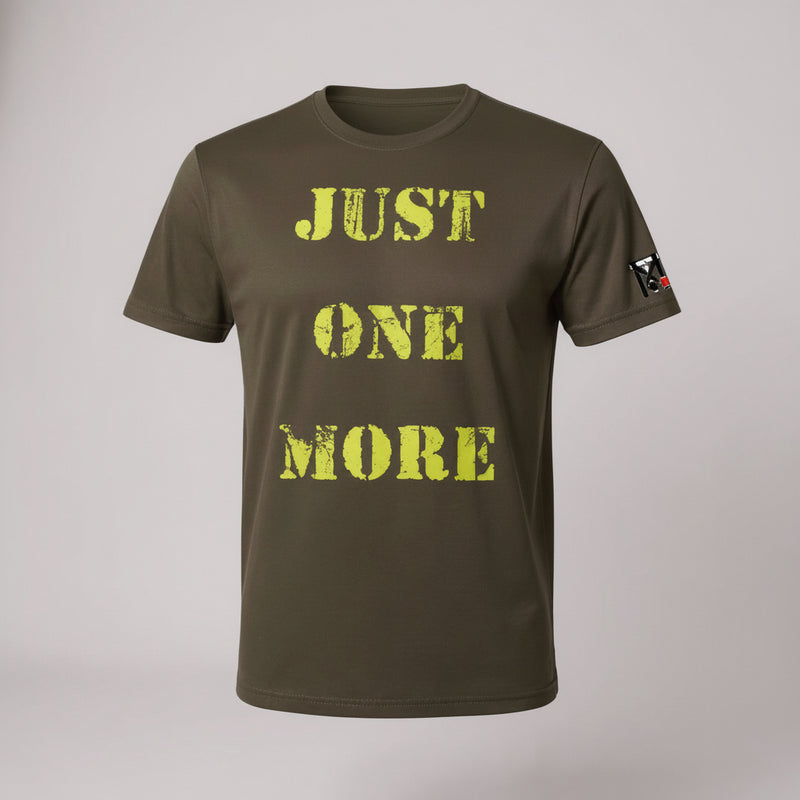 Military green Jiu Jitsu graphic tee featuring distressed yellow Just One More text and a Top Mount logo on the sleeve.